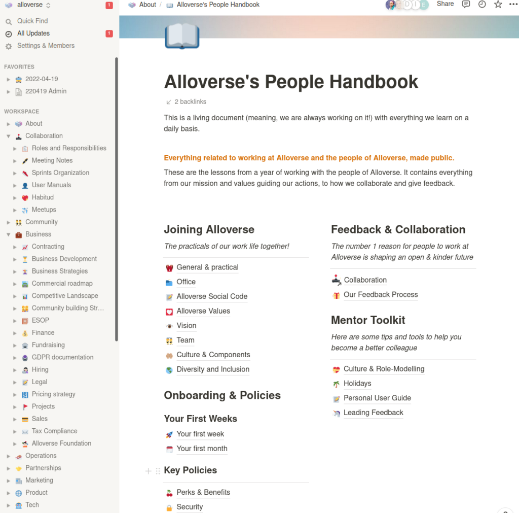 Screenshot of Alloverse's People Handbook in Notion